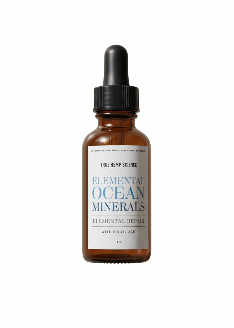 Bottle of True Hemp Science Elemental Ocean Minerals on a white background