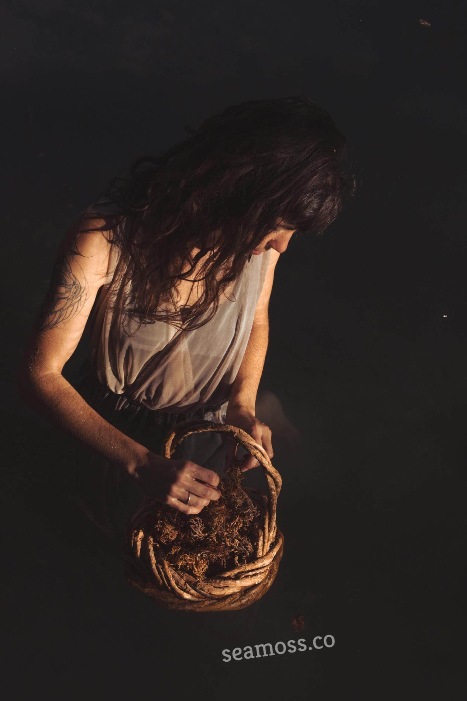 Person holding a woven basket with dark background