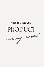 Promotional graphic for sea moss co. with 'Product coming soon!' text on a white background