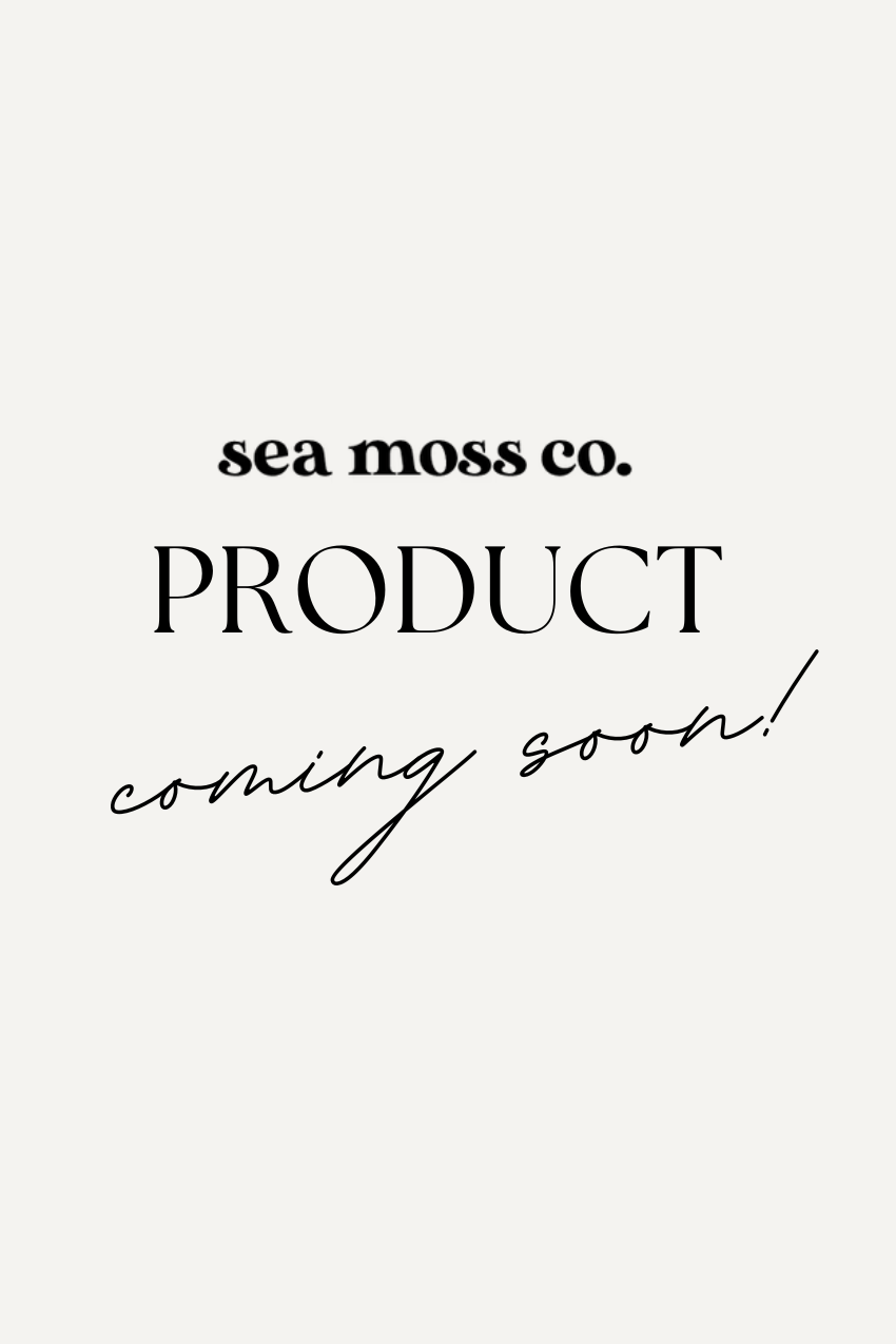 Promotional graphic for sea moss co. with 'Product coming soon!' text on a white background